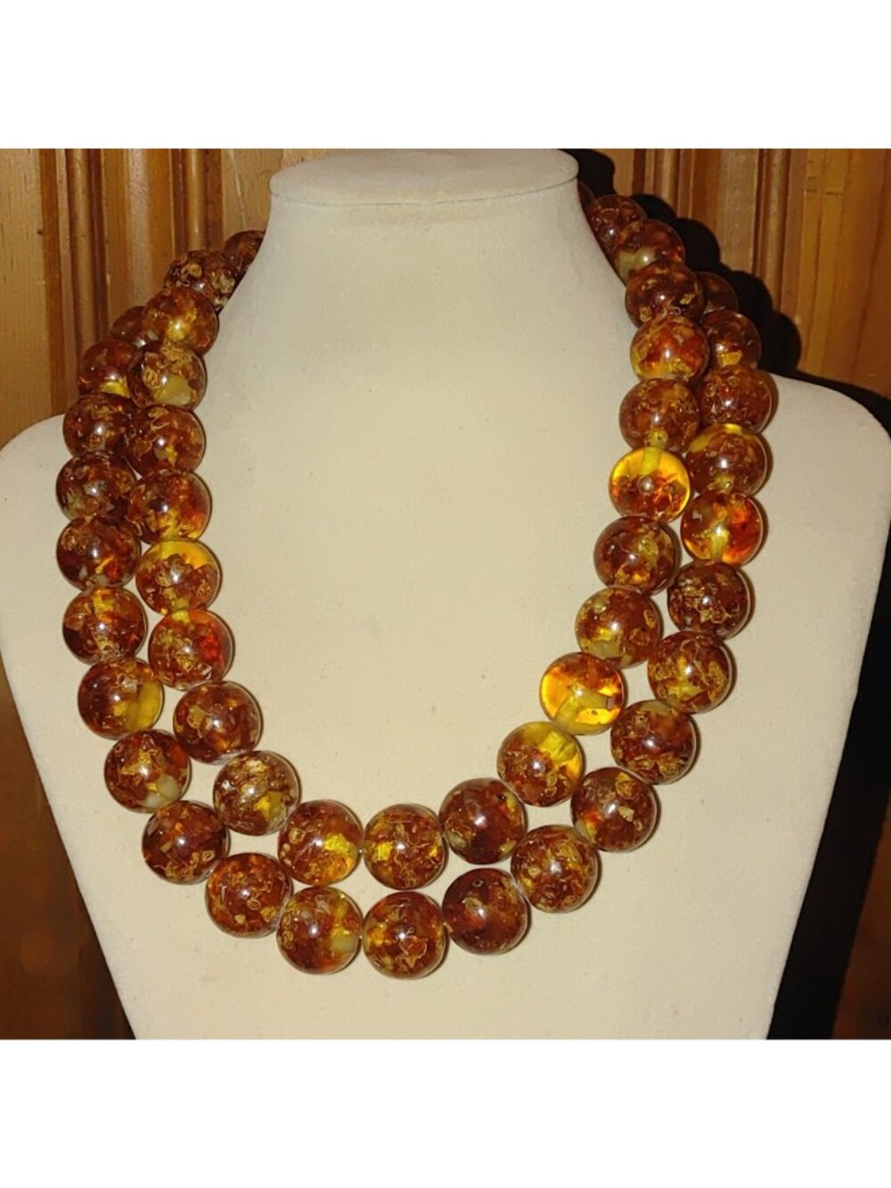 Double Strand Amber Bead Necklace Vintage Sterling Silver Clasp 206g 15mm Beads - Picture 11 of 16